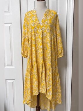 Borgo de Nor Yellow Floral Tiered Midi Dress V Neck Pockets Sz 6